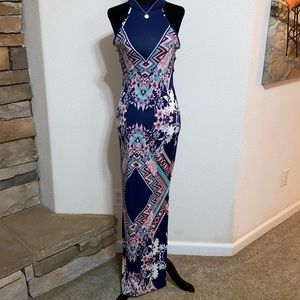 Venus- Blue Designed Slit Open Back With Lines Lon Dress Size Small